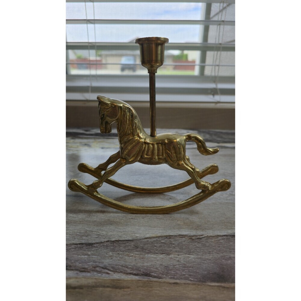 Vintage Solid Brass Rocking Horse Candlestick Holder Nursery Decor Taper Candle